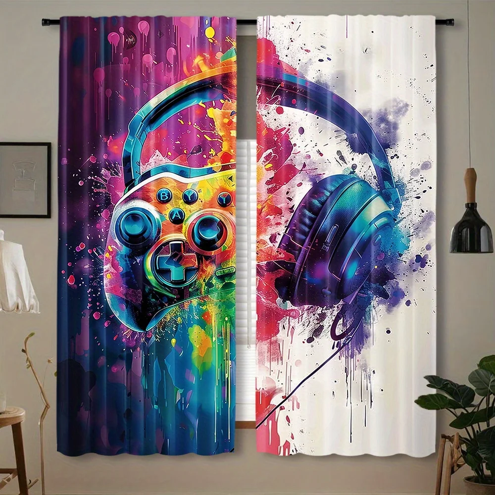 Gaming Curtain, Colorful Controller Headphone Window Drape, E-sport Room Decor Blackout Panel, Boys Bedroom Gamer Gift