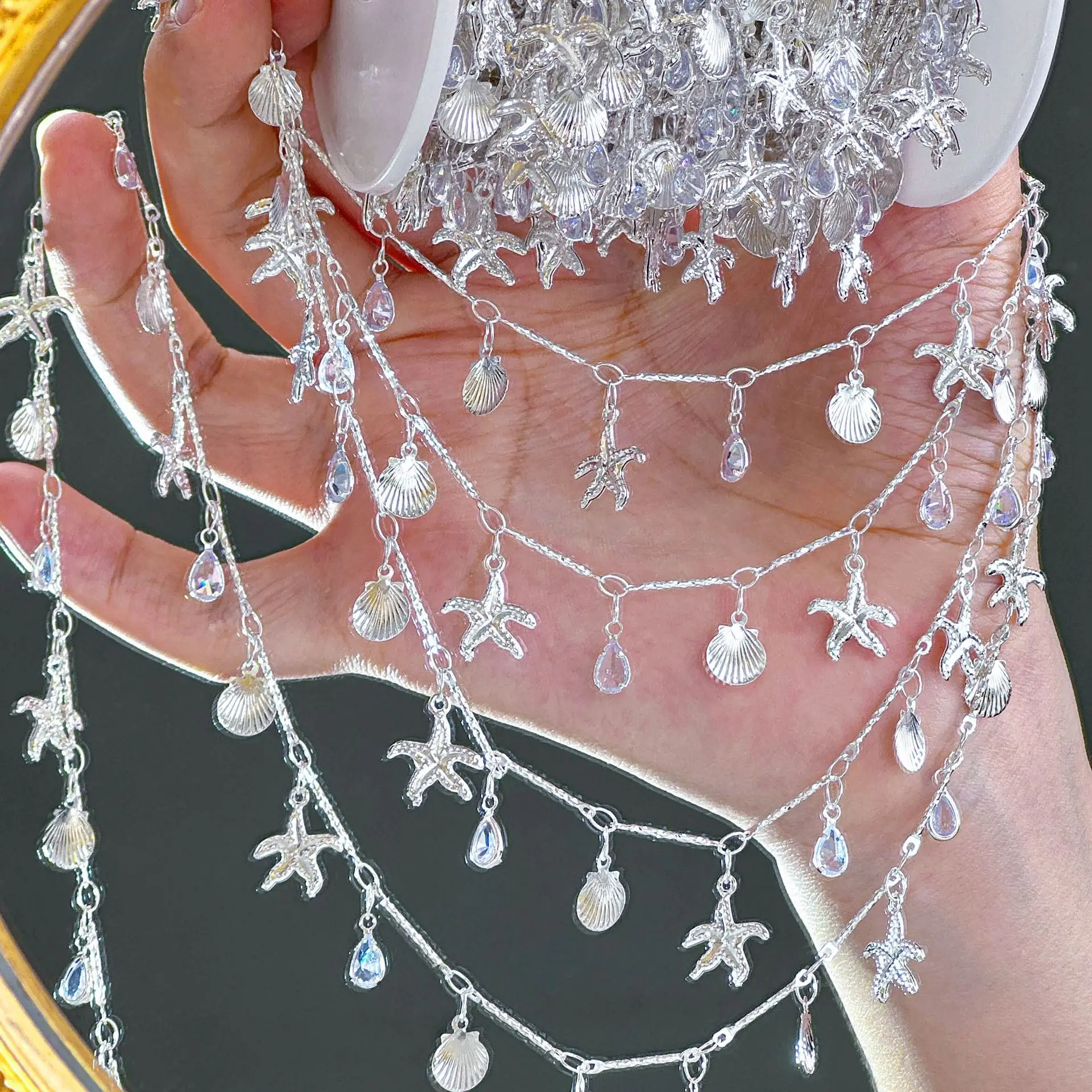 1 Meter glänzende Zirkon-Muschel-Seestern-Anhänger mit Messingkette für DIY-Halsketten, Armbänder, Sommer-Schmuck, Bastelmaterialien – Detail 2