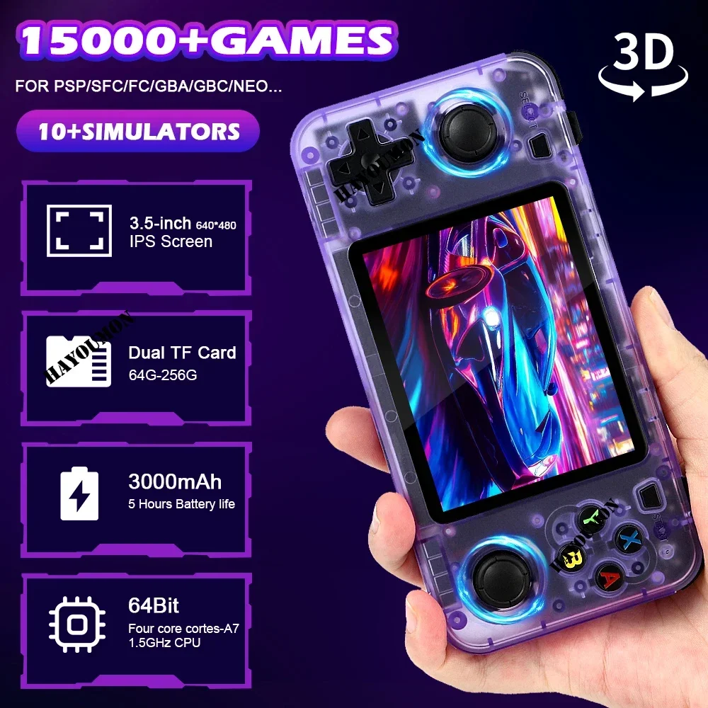 Transparent Black R36H Retro Handheld Video Game Console 3.5 Inch IPS Screen 15000+ Games 10+ Emulator for PS1/PSP/DC/N64/GB