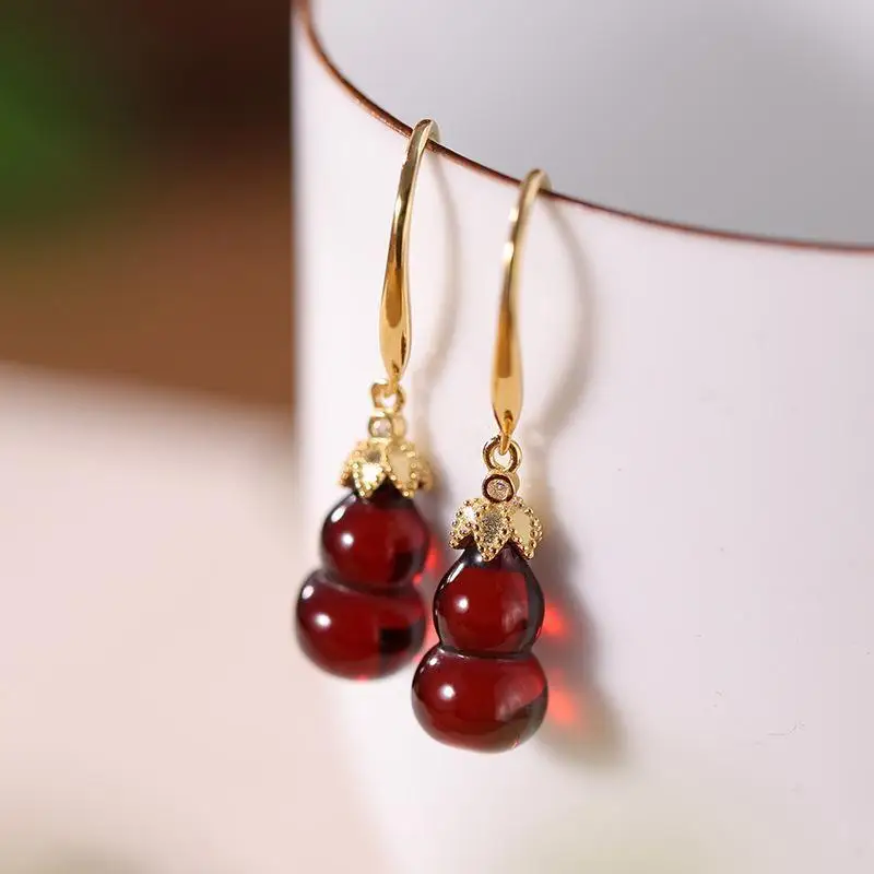 Classic design natural carnelian gourd earrings for women exquisite light luxury Chinese style wedding party silver jewelry