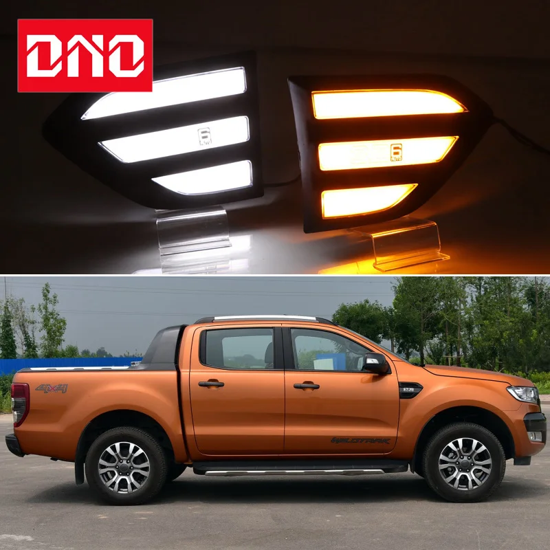 Car LED DRL 12V Daylights For Ford Ranger 2015 - 2019 Yellow Turn Signal Daytime Running Headlamps Auto Driving Lamp Foglamps