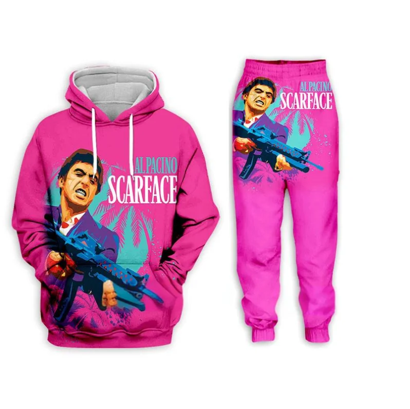 Filme scarface 3d impresso moletom com capuz + calças conjunto de treino masculino hip hop roupas terno outono inverno casual crianças moletom com capuz