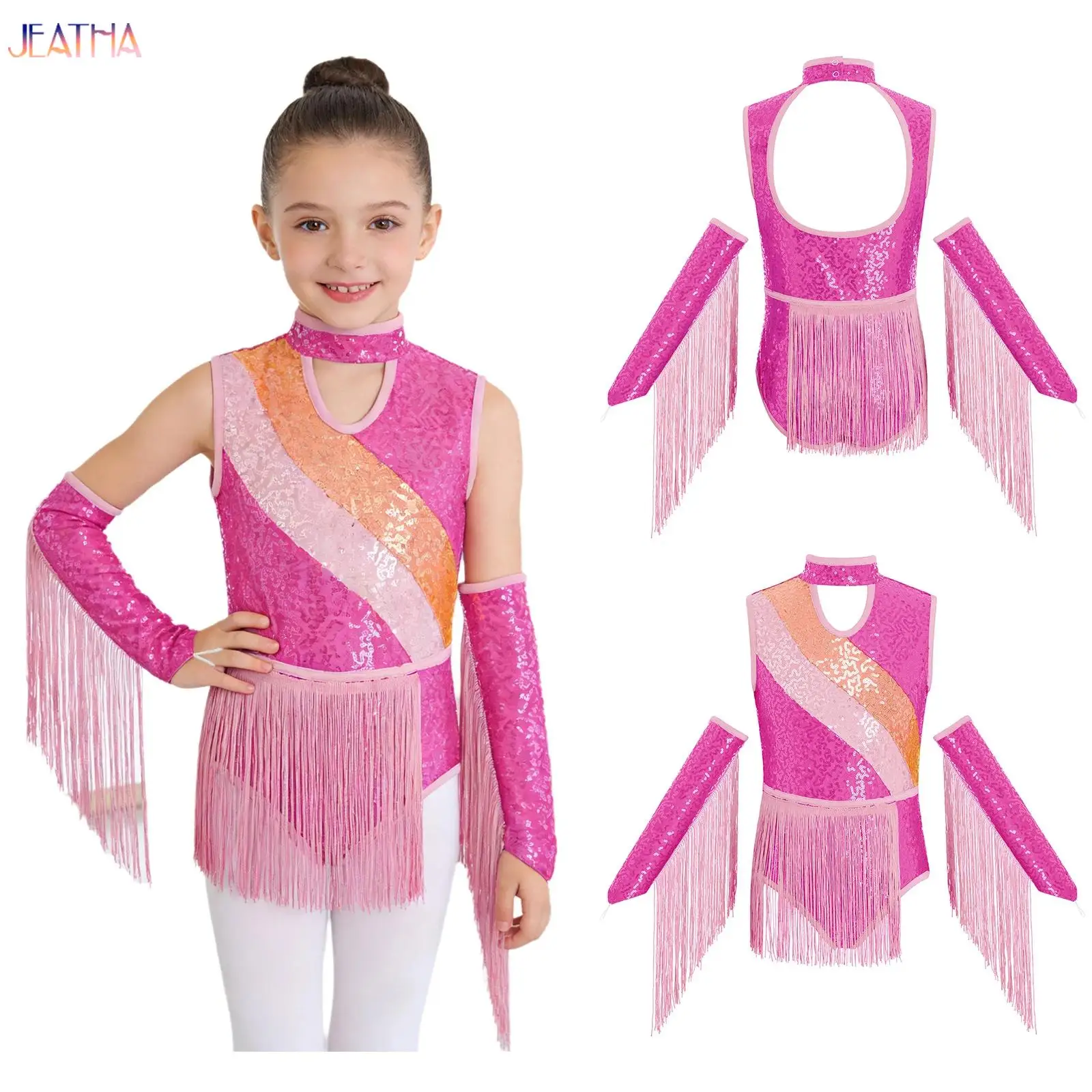 

Sequin Fringe Latin Dance Dress Bachata Ballroom Tango Salsa Dress+Gloves Child Kids Girls Competition Professional Latin Dance