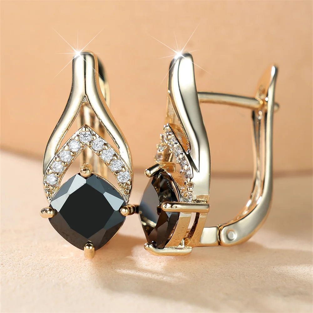Retro Black Crystal Pink Zircon Square Stone Hoop Earrings For Women Charm Gold Color Ear Buckle Wedding Jewelry Versatile Gifts