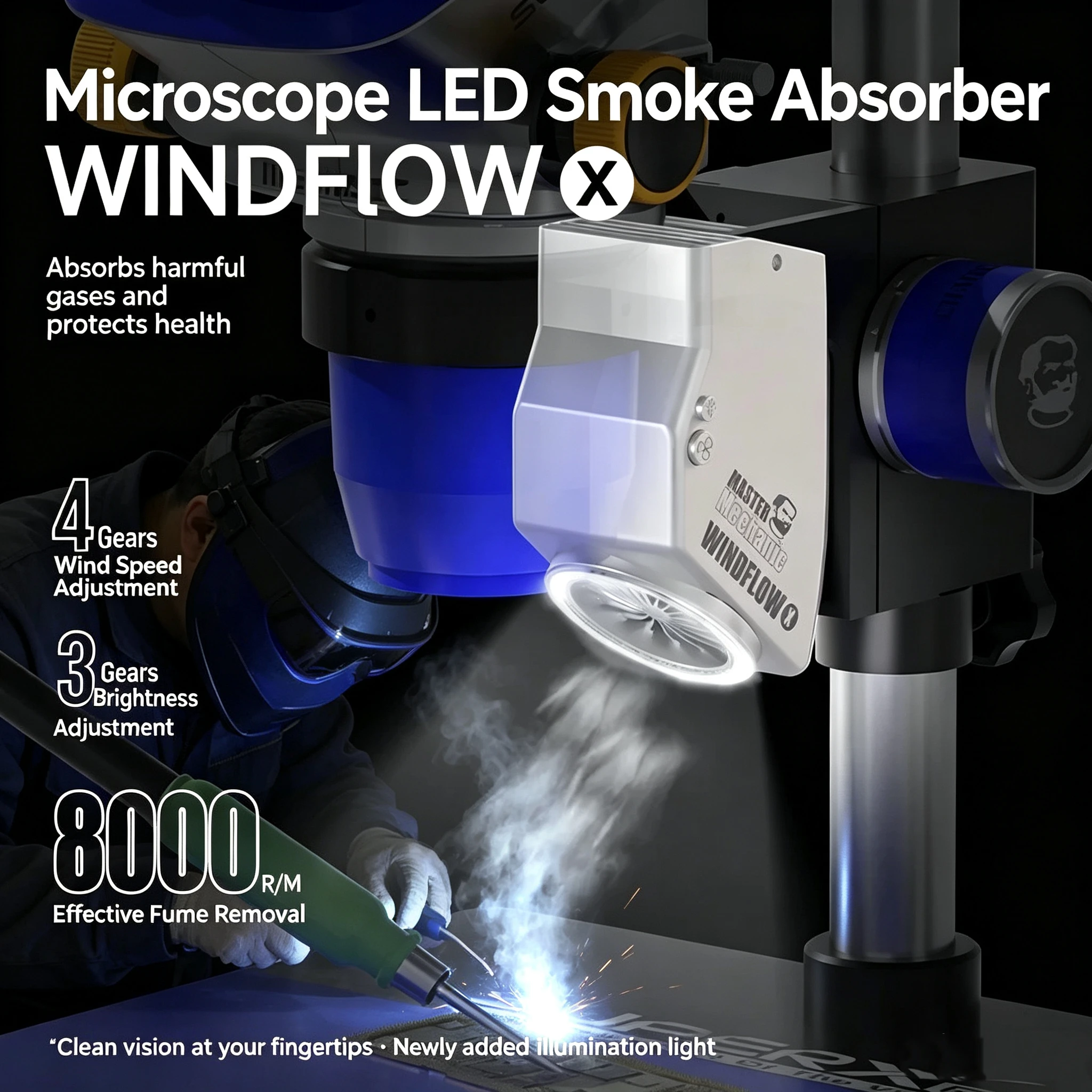 Mechanic 2 in 1 8000R/M Microscope Fume Extractor With Ring Light 4 Gear Smoking Fan for Soldering Oil Smoke Remove Absorb Tool