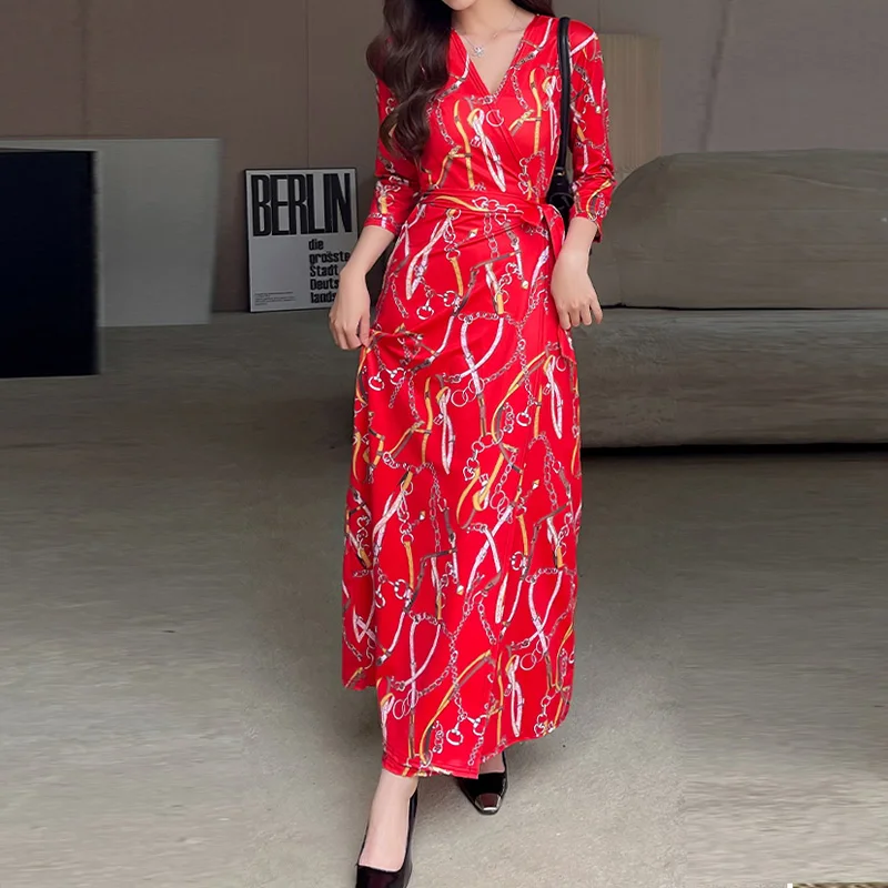 

FANIECES Luxury Gold Chain Print Red Long Dresses Fashion Wrap Around Maxi Dress Elegant V Neck 3/4 Sleeve Party Dress Beachwear