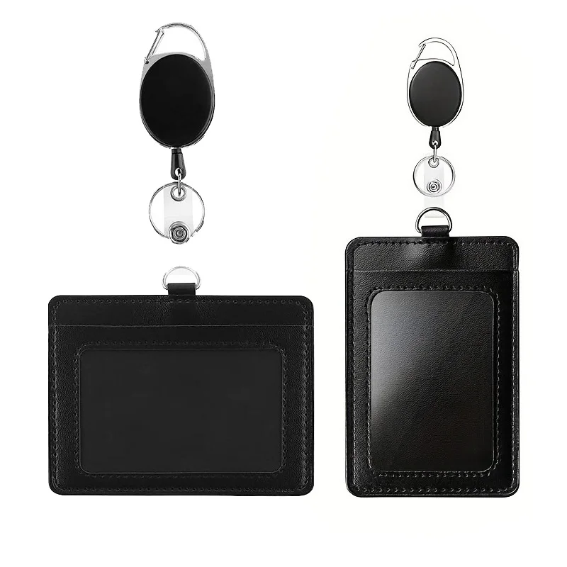 Simple Worker Card Holder Black Color Lanyards Id Badge Holder Solid Color Retractable ID Card Holder Office Supplies