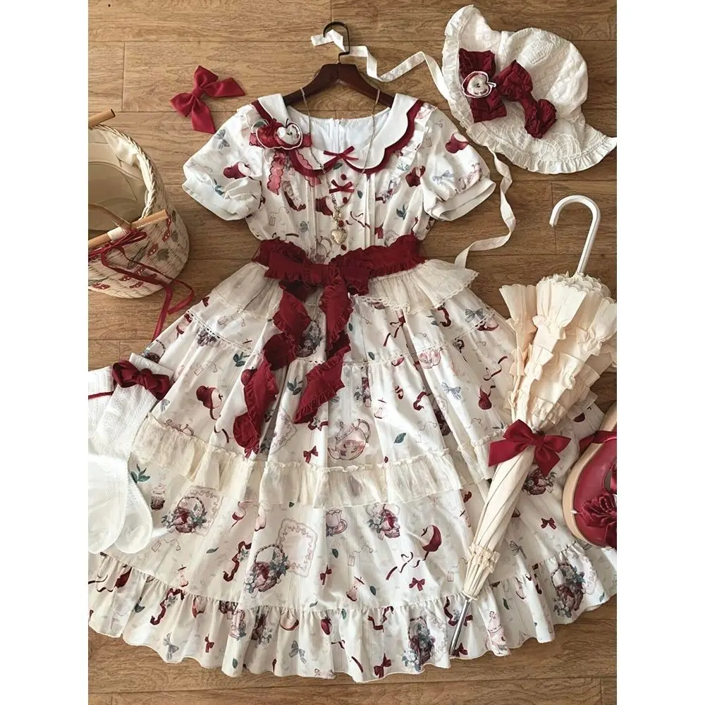 Japonês original retro doce lolita vestido de manga curta op estilo pastoral elegante bonito diário deslocamento estilo universitário vestido