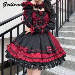 Original New Spring and Autumn Rose Flower Bow Lolita Sweet Girl Princess Dress Women's Color Matching Jsk Short Dresses