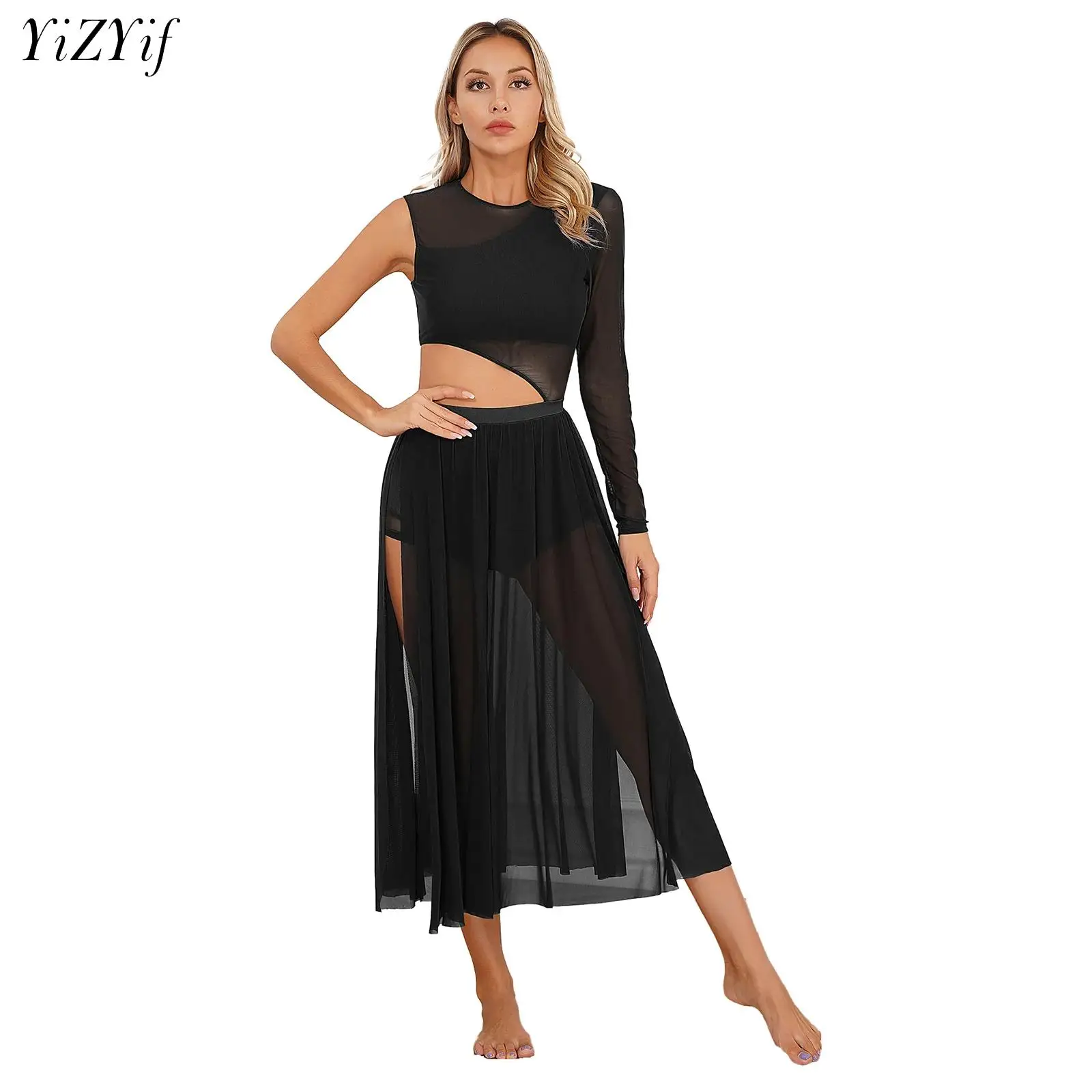 

Lyrical Dance Maxi Dress for Women Cutout Patchwork Side Split Sheer Mesh Tutu Dress Ice Skating Modern Contemporary Dancewear