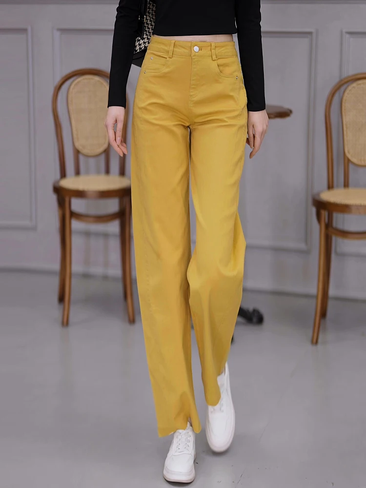 

Желтые джинсы с высокой талией и широкими штанинами для женщин, весна-осень, новый стиль, свободный прямой крой, зауженные, из денима, для повседневной носки