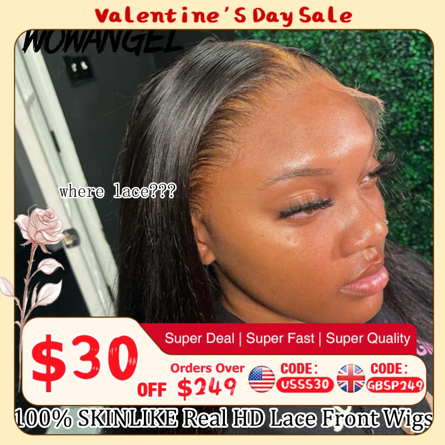 와우 엔젤 HD 전체 정면 가발 36인치 스트레이트 멜트 스킨 13x6 HD 레이스 프론트 인간의 머리 가발 버진 헤어 Pre Plucked Glueless