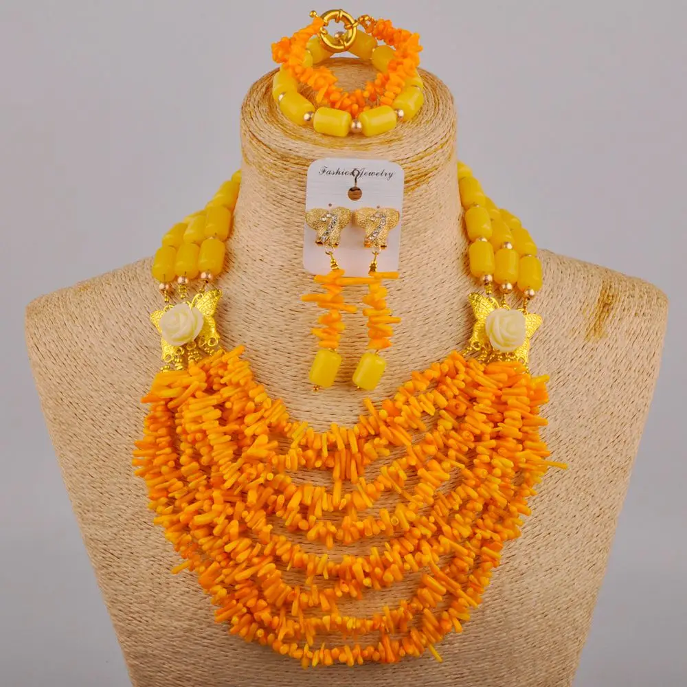 

Yellow Coral Fragmented Branch Necklace African Women's Fashion Wedding Accessories Nigeria Bride Wedding Accessories Set XK-48