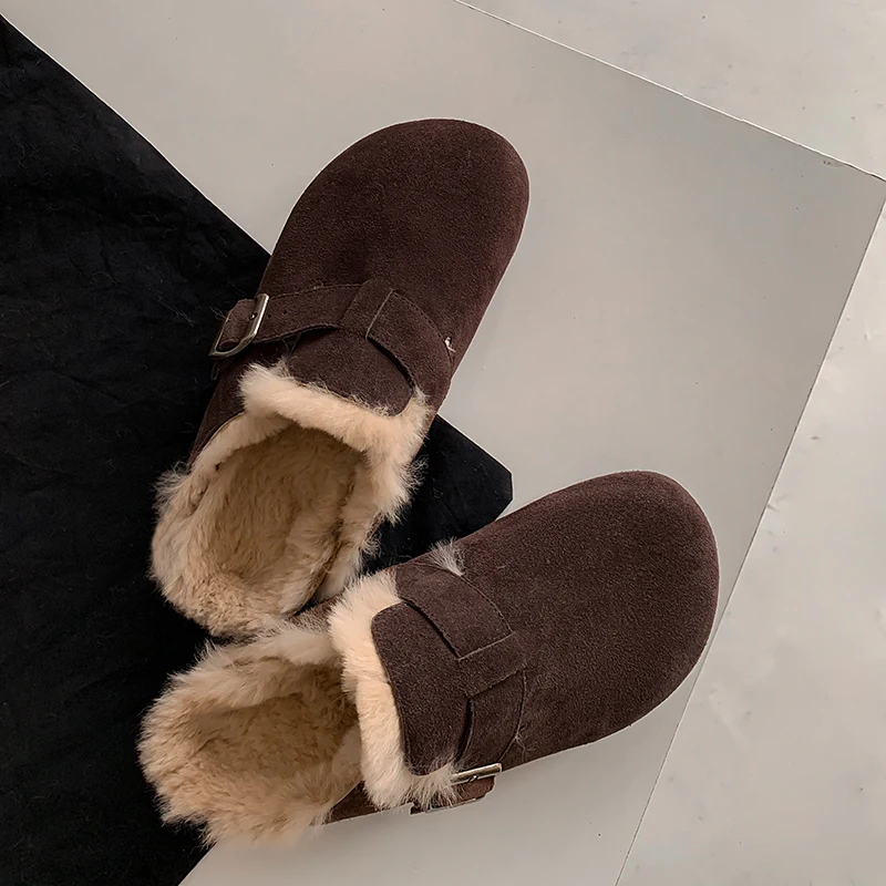 

Women's Mullers Fur Flats Cow Suede Slippers Brand Mules Slip On Winter Shoes Designer Warm Shoes Buckle Slippers Spring Shoes