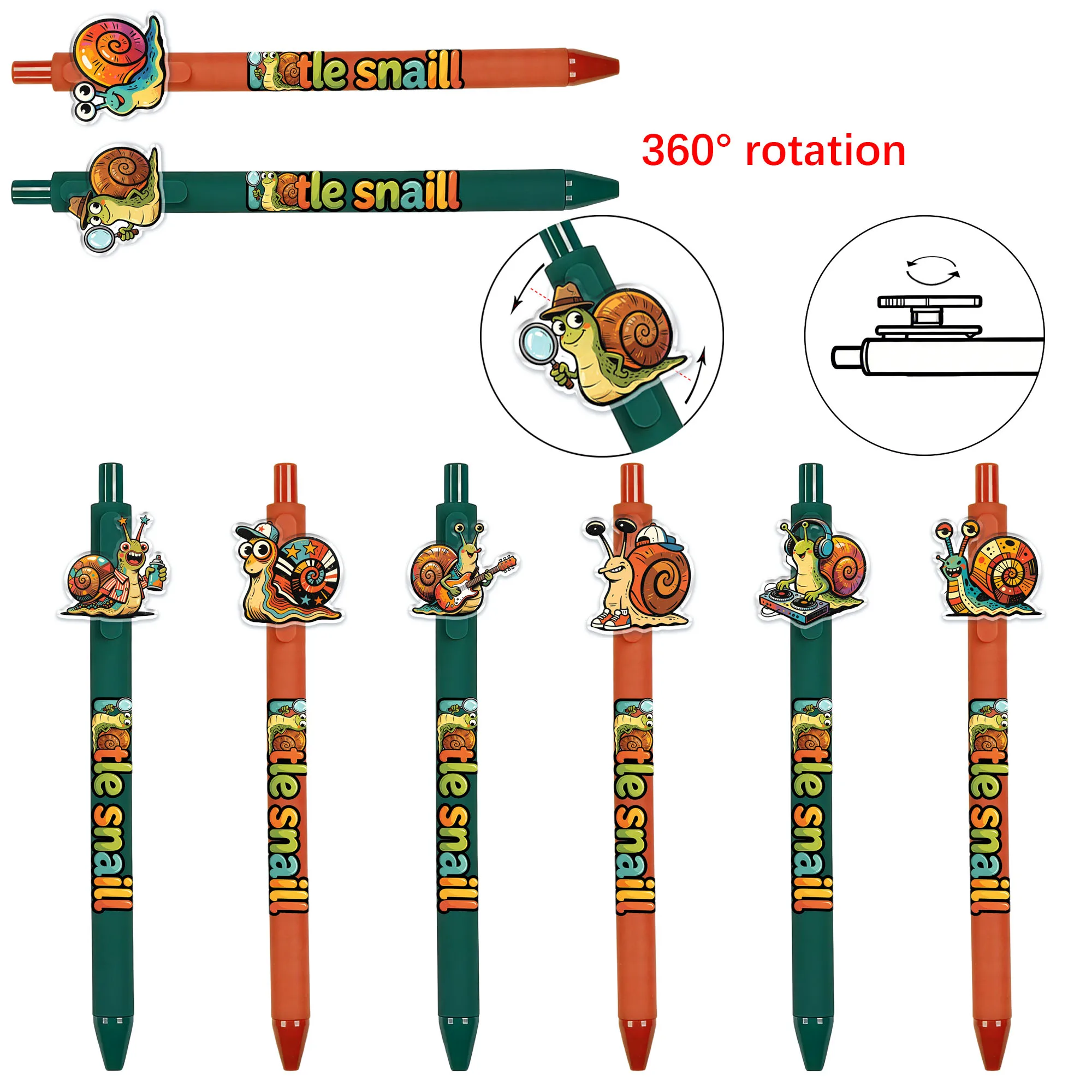 

8pcs Creative Snail Theme Press Ballpoint Pen Rotating Animal Series Writing Smooth Black Ink Student Writing Gift Pen