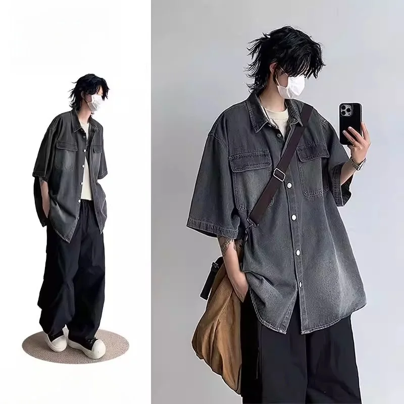 summer-washed-denim-short-sleeve-men's-shirt-retro-japanese-style-multi-pocket-workwear-half-sleeve-casual-fashion-outerwear