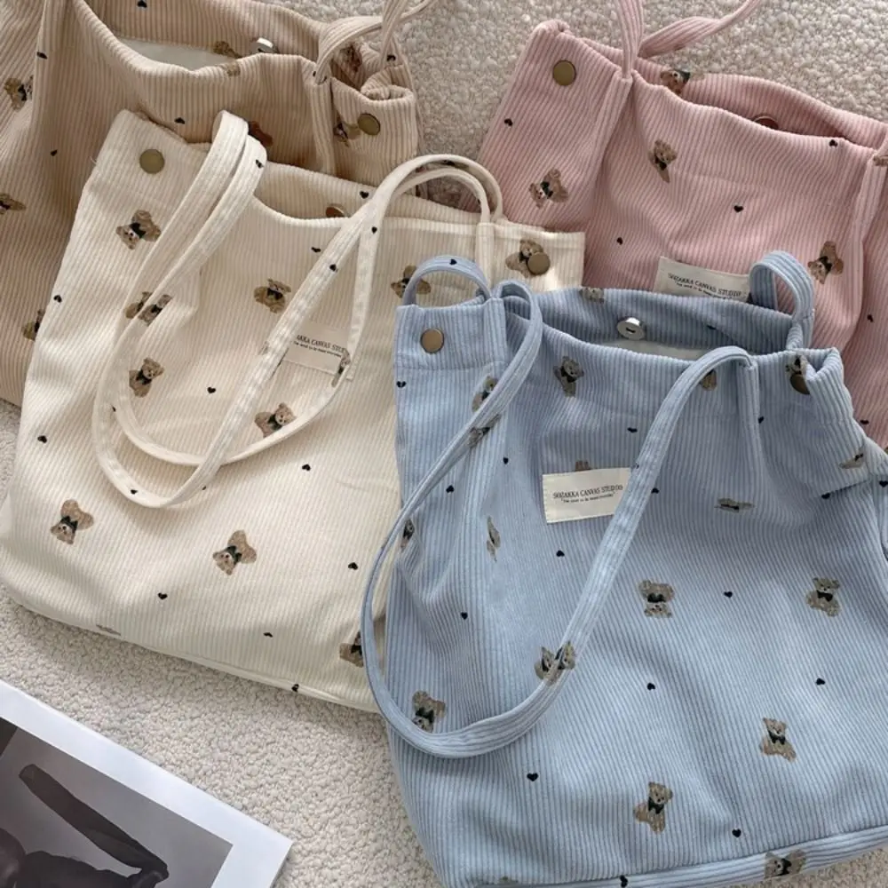 Korean Style Corduroy Shoulder Bag Leisure Printing Bear Embroidery Tote Bag Solid Color Minority Design Canvas Handbag Women