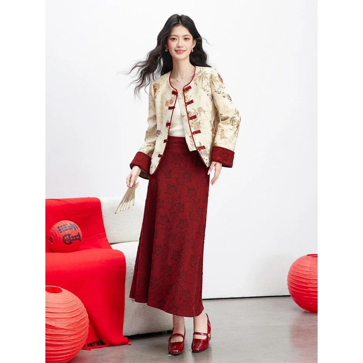 VIMLY Jacquard Two Pieces Set Woman Chinese Style 2026 Autumn Round Neck Floral Embroider Coats A-line Long Ladies Skirts A3963