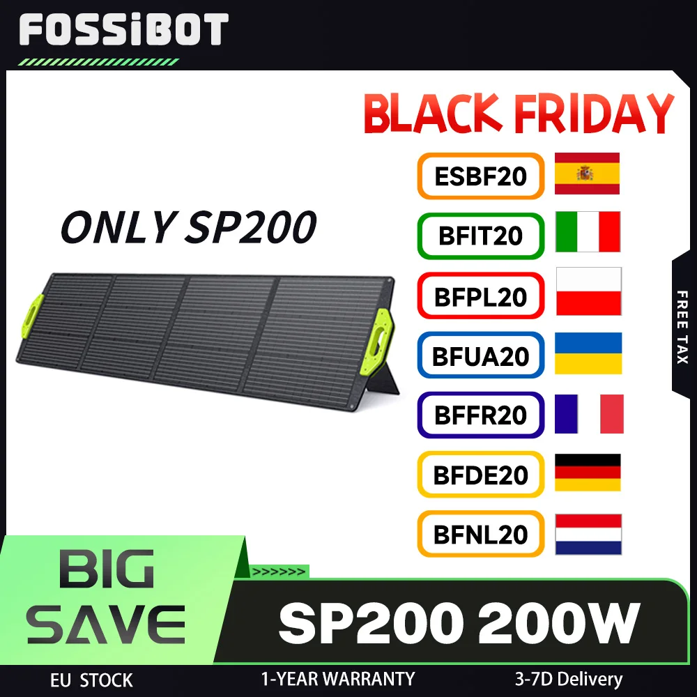 Panneau solaire pliable FOSSiBOT SP200 200 W, efficacité cellulaire élevée de 23,4%, revêtement ETFE, béquilles réglables pour la maison, le camping-car, le camping