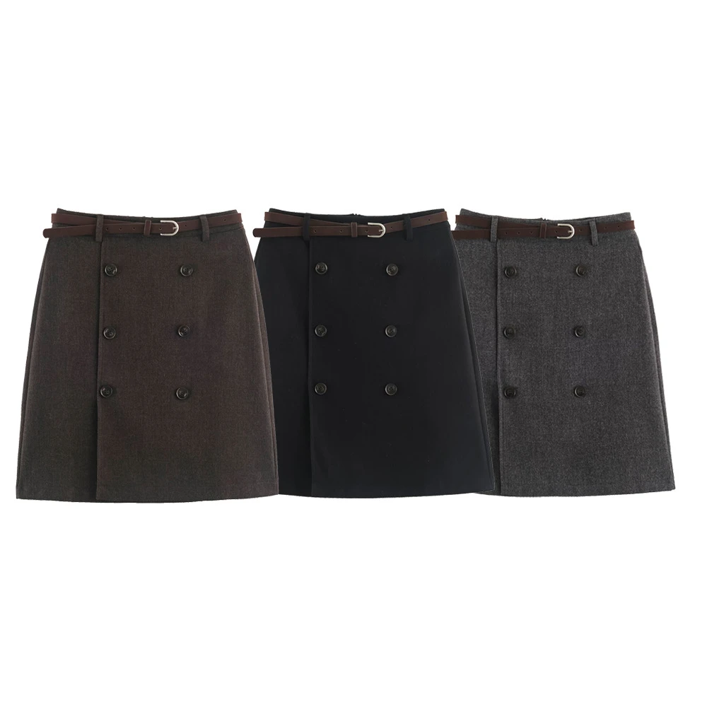 Maxdutti Minimalist Retro Double Breasted Woolen Woolen Fabric With Belt And Skirt For Autumn Winter Women's Skirt Woman Clothes