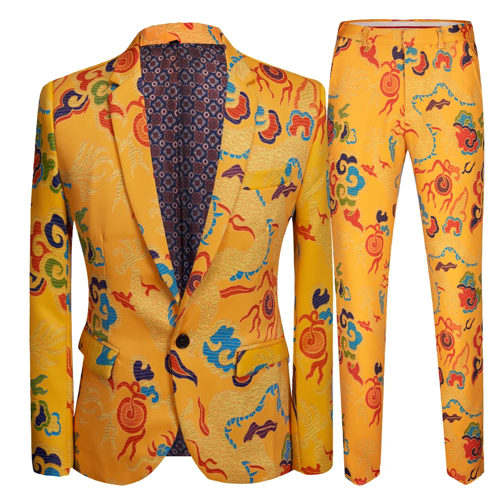 Fashion Men\'s Yellow Casual BoutiqueChinese StyleCrane Print Suit Jacket Blazers Man Coat Men\'s Wedding Dress Top