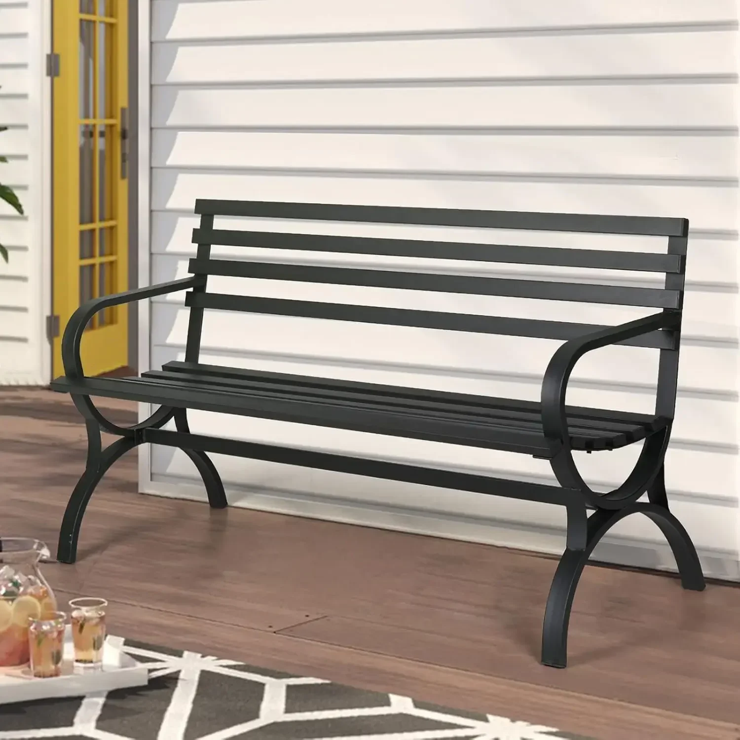 Outdoor Garden Bench Patio Park Bench, Metal Frame Furniture with Backrest and Armrests for Porch Yard Lawn Deck