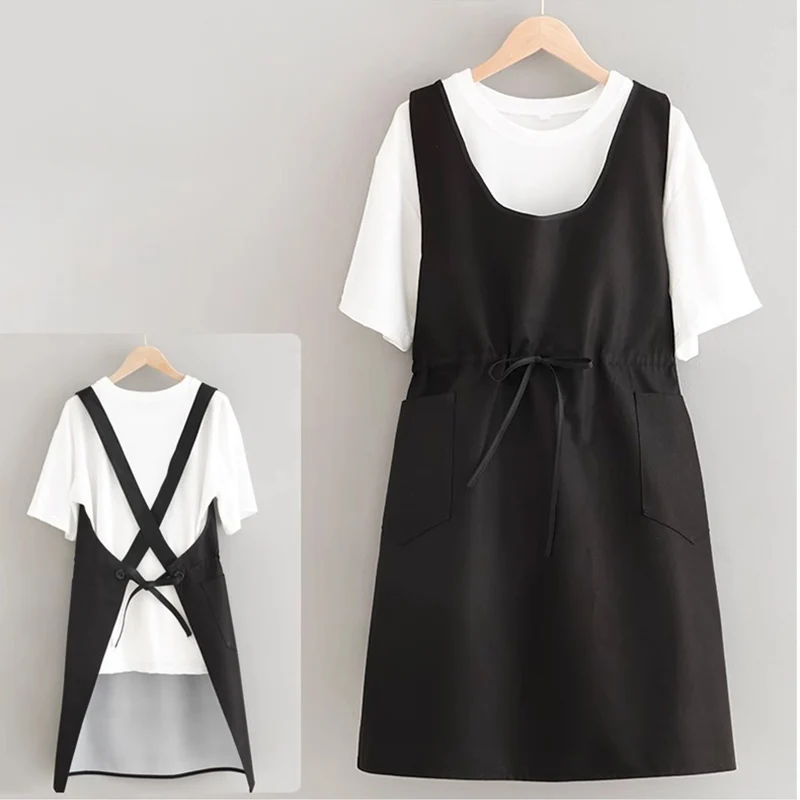 Cross Back Waterproof Woman Apron Dress U Collar Fashion Korean Beauty Nails Salon Waitress Party Restaurant Household Pinafore