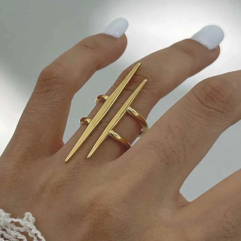 Vintage 18K Gold Plated Stainless Steel Parallel Double Line Hollowed Out Open End Ring Women Anti Allergic Charm Daily Jewelry