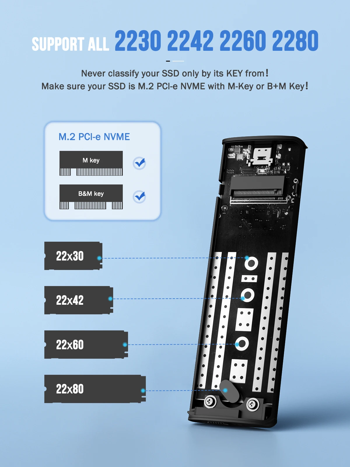 Lemorele 외장 하드 드라이브용 SSD 인클로저, M.2 NVMe USB 3.1, 10Gbps PCIe M.2 SSD 케이스, M, B + M 키, M.2 SSD