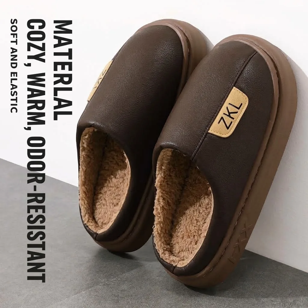 Winter Waterproof Men Slippers Thick Plush Lined Warm Cotton Shoes Non-Slip Soft Platform Indoor Outdoor Casual Male Footwear