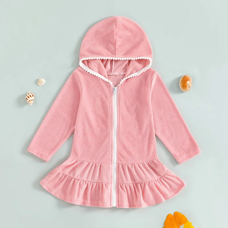 Kid Girls Swim Coverups Solid Color Long Sleeve Hooded Dress Zip-Up Robe Towel Beachwear