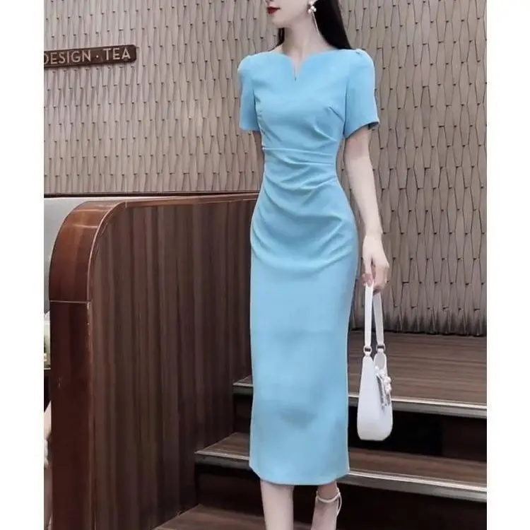 Fashionable V-Neck Sleeve Mosaic Pouch Buttoned Slim Stretch Pants OL Commuter Knee Professional Women's Pencil Dress G27