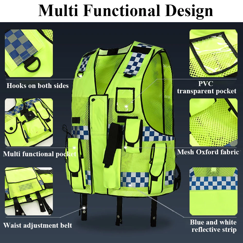 Multi Pocket Construction Vest Police Traffic Road Safety Protection Night Duty Working Clothes Hi Vis Workwear