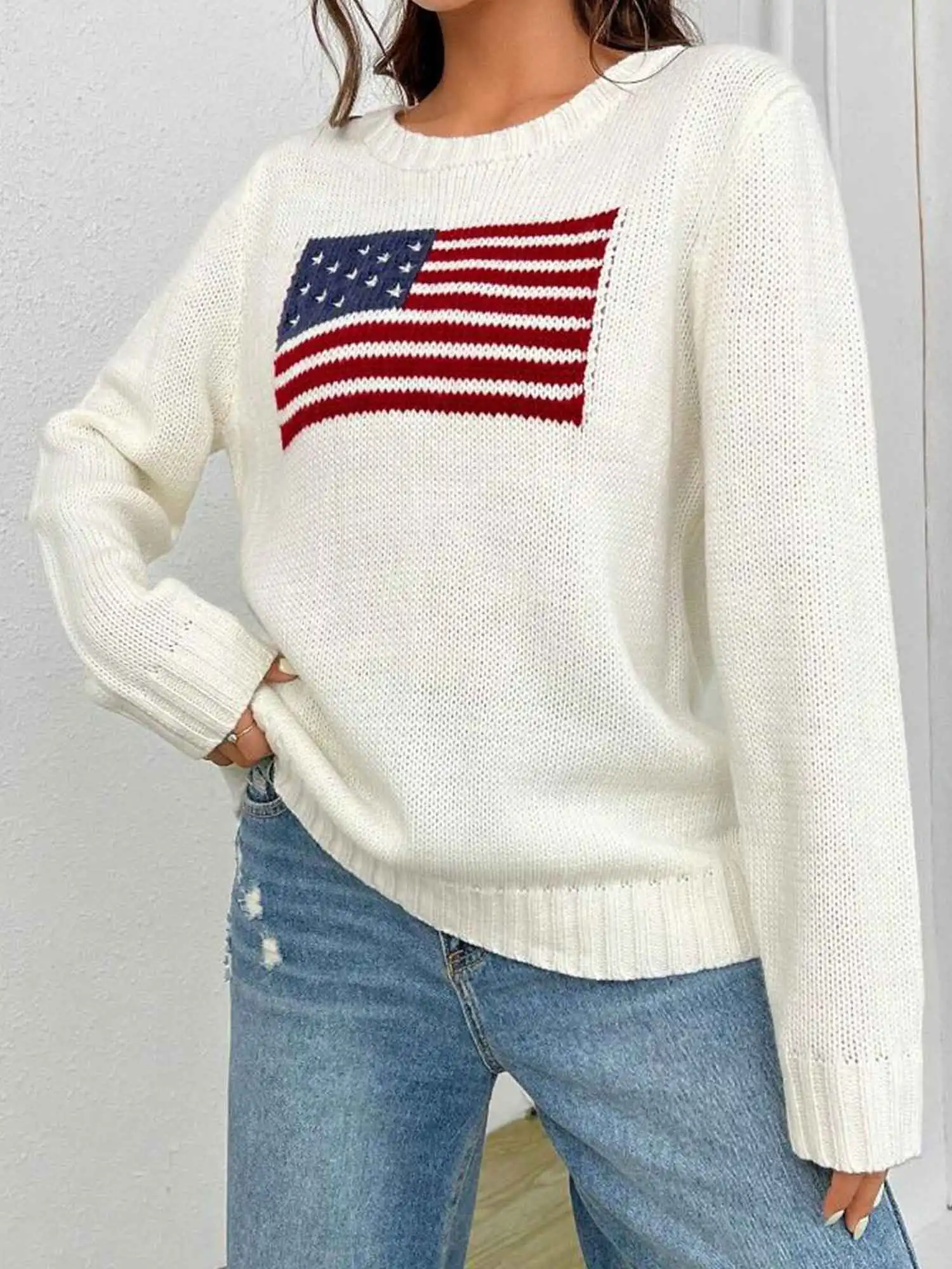 

Новинка 2024, женские свитера с американским флагом, свитшот с круглым вырезом и длинным рукавом, вязаный пуловер 4 июля, Полосатые свитера в стиле преппи