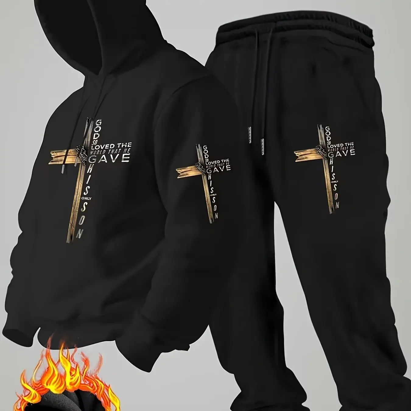 Nuevo conjunto de sudadera con capucha para hombre y mujer, con estampado de cruz con efecto madera desgastada, con bolsillos para mayor calidez y comodidad.