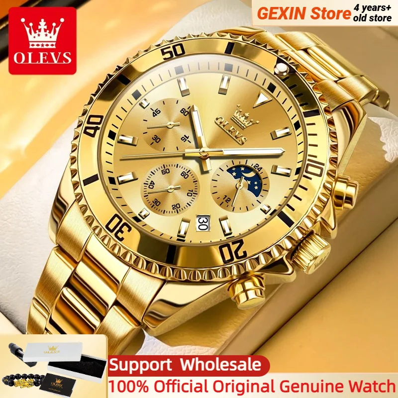 OLEVS 2870 Men's Watches Golden Stainless Steel Calendar Moon Phase Chronograph 42.5mm Big Dial Men's Wristwatches Original