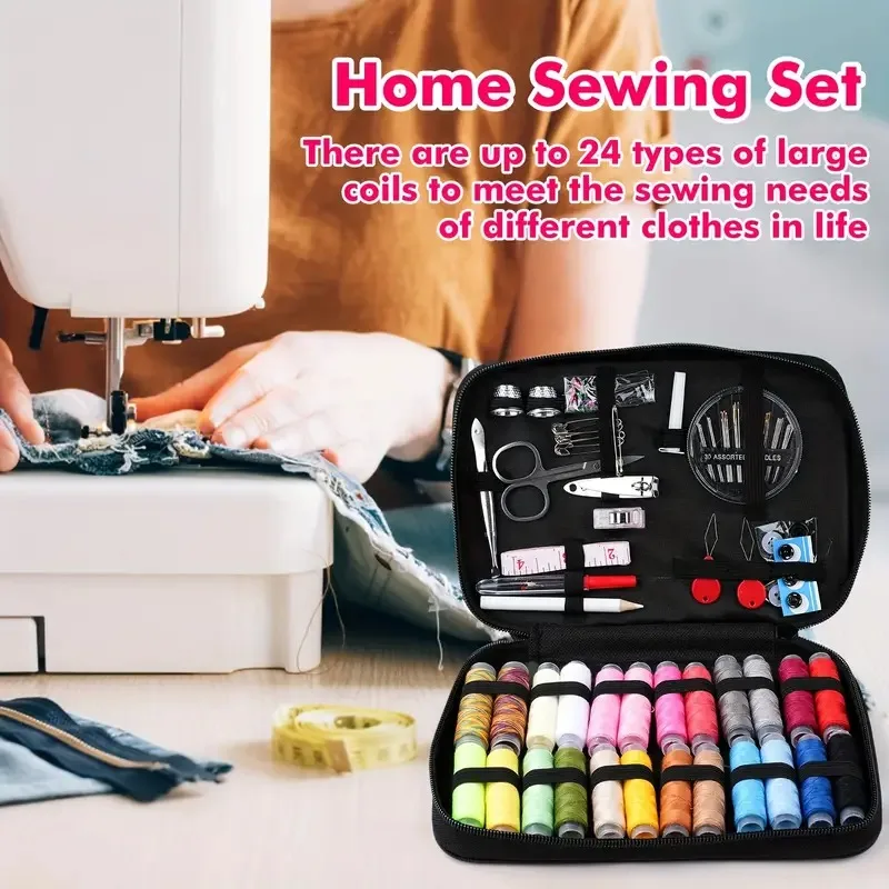 

Полный набор для шитья из 120 предметов, с 24 катушками (все 100 ярдов), мерная лента, пуговицы, молния, прочный футляр на молнии 9,25 дюйма.