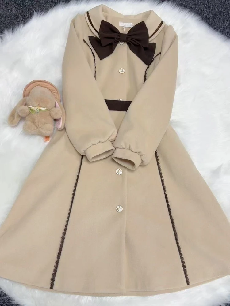 

Japanese Sweet Slim Coat Women's Y2k Fashion Preppy Style Doll Collar Bow Jackets Autumn Winter Fashion Long Overcoat 2025 New