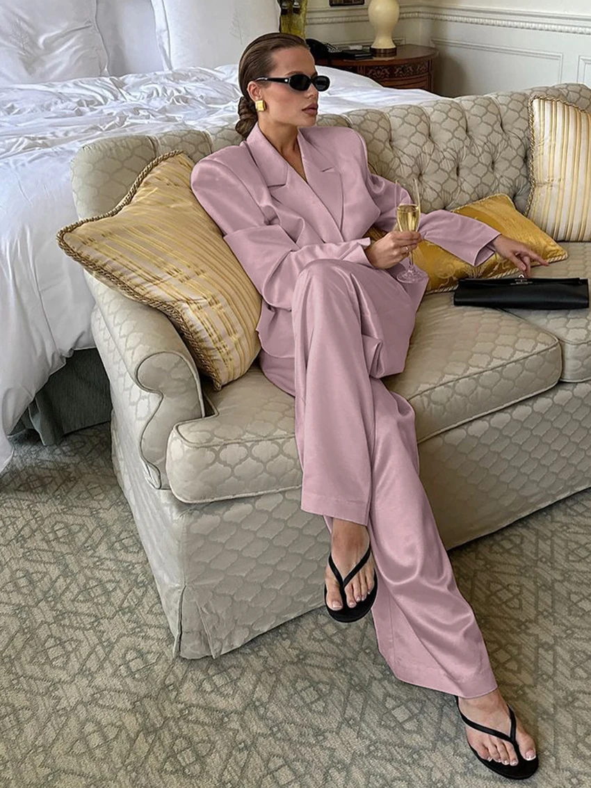 Marthaqiqi Fashion Ladies Sleepwear 2 Piece Set Long Sleeve Nightgowns Turn-Down Collar Nightwear Pants Pink Female Pajamas Suit