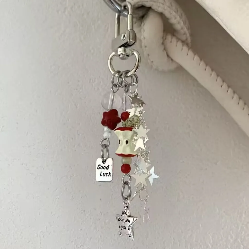 Cute Handmade Beaded Star Apple Core Keychain Good Luck Engraved Pendant Charm for CCD Phone Key Bag Camera Backpack Key Chain