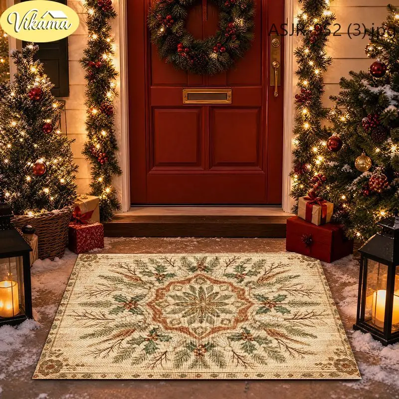 VIKAMA Christmas Beige Mandala Pine Branch Area Rug Non Slip Soft Floor Mat for Living Room Bedroom Holiday Home Decor