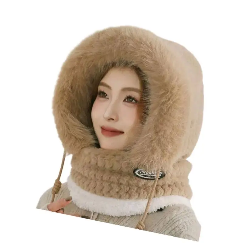 A52E قبعة روسية قطيفة سميكة دافئة تقليد فراء الأرانب الطقس البارد قبعة صوفية مع تدفئة الرقبة وقناع الوجه لفصل الشتاء #5
