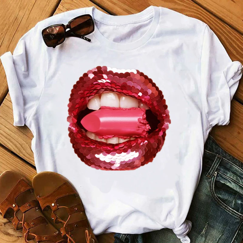 Camiseta colorida com estampa bucal feminina, tops de manga curta, camiseta gráfica feminina, camisas femininas, roupas pretas, nova