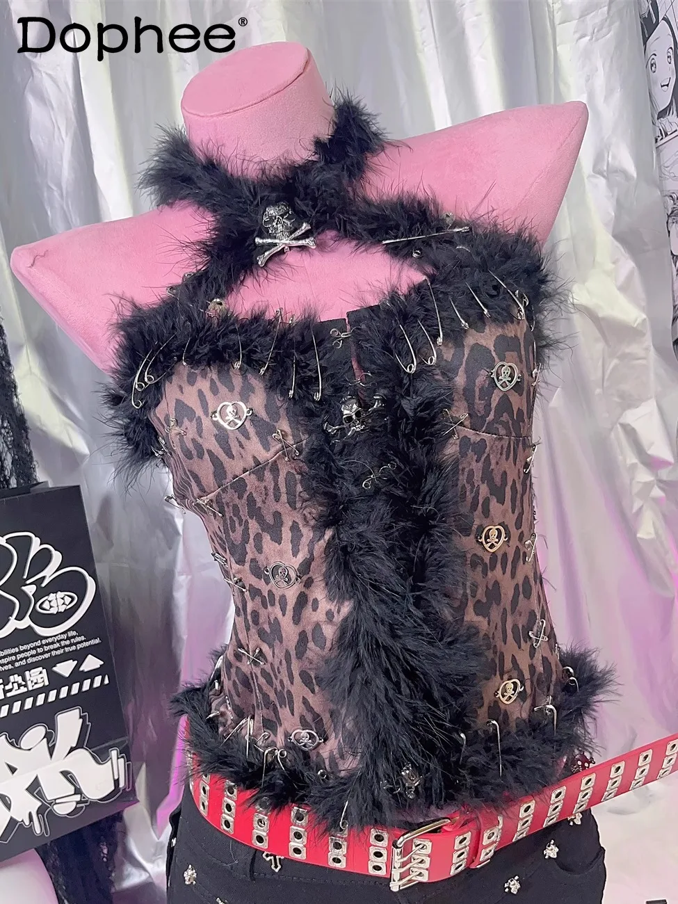 

Y2K Subculture Hot Girl Sexy Punk Goth Leopard Print Camisole Japanese Original Rivet Furry Cute Camisole Vest for Women