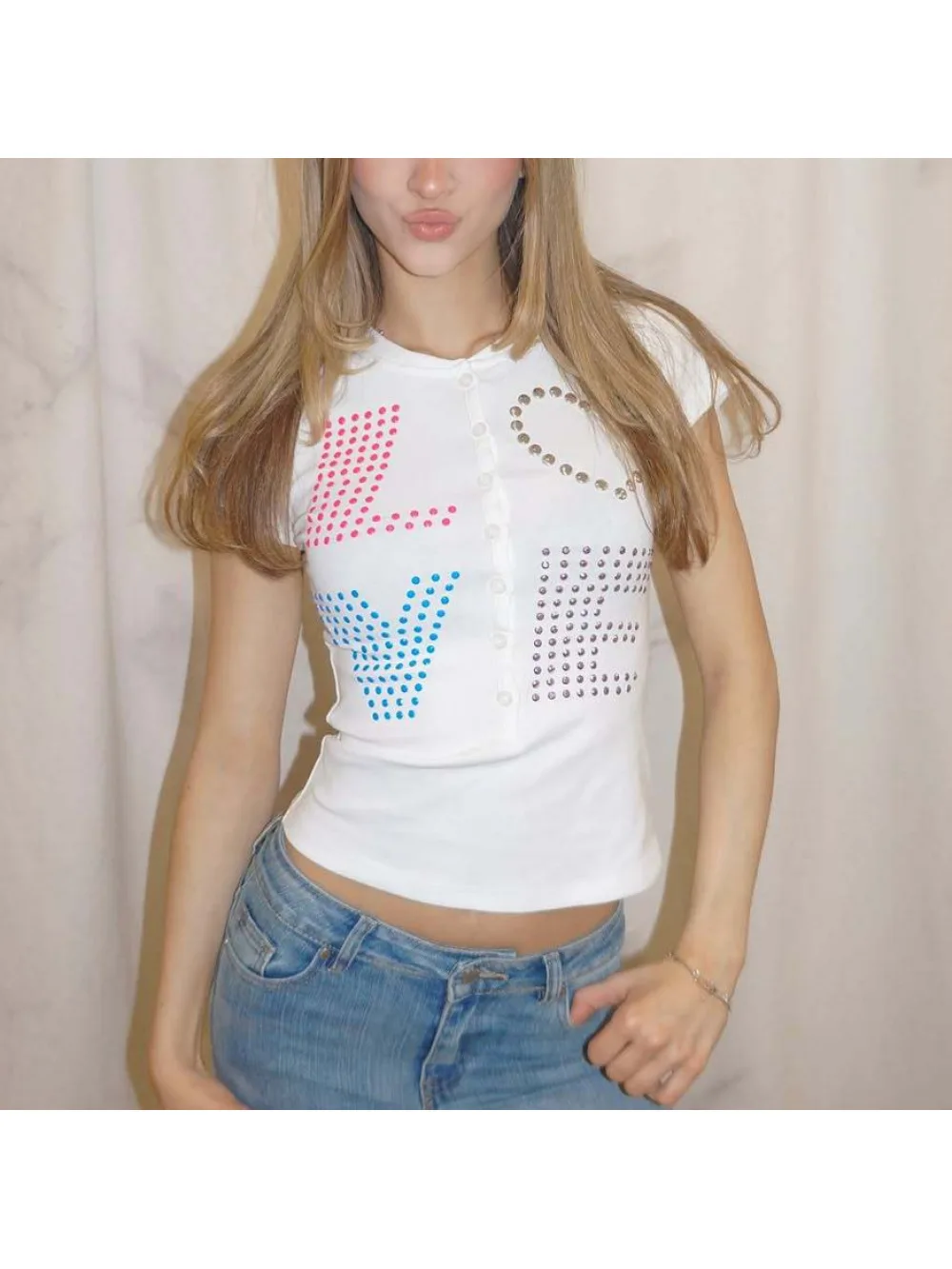 2026 New Summer Hot Diamond LOVE Letter Printed Short Sleeve Top for Street Trendy, Casual, Versatile, and Niche Spicy Girls Ins