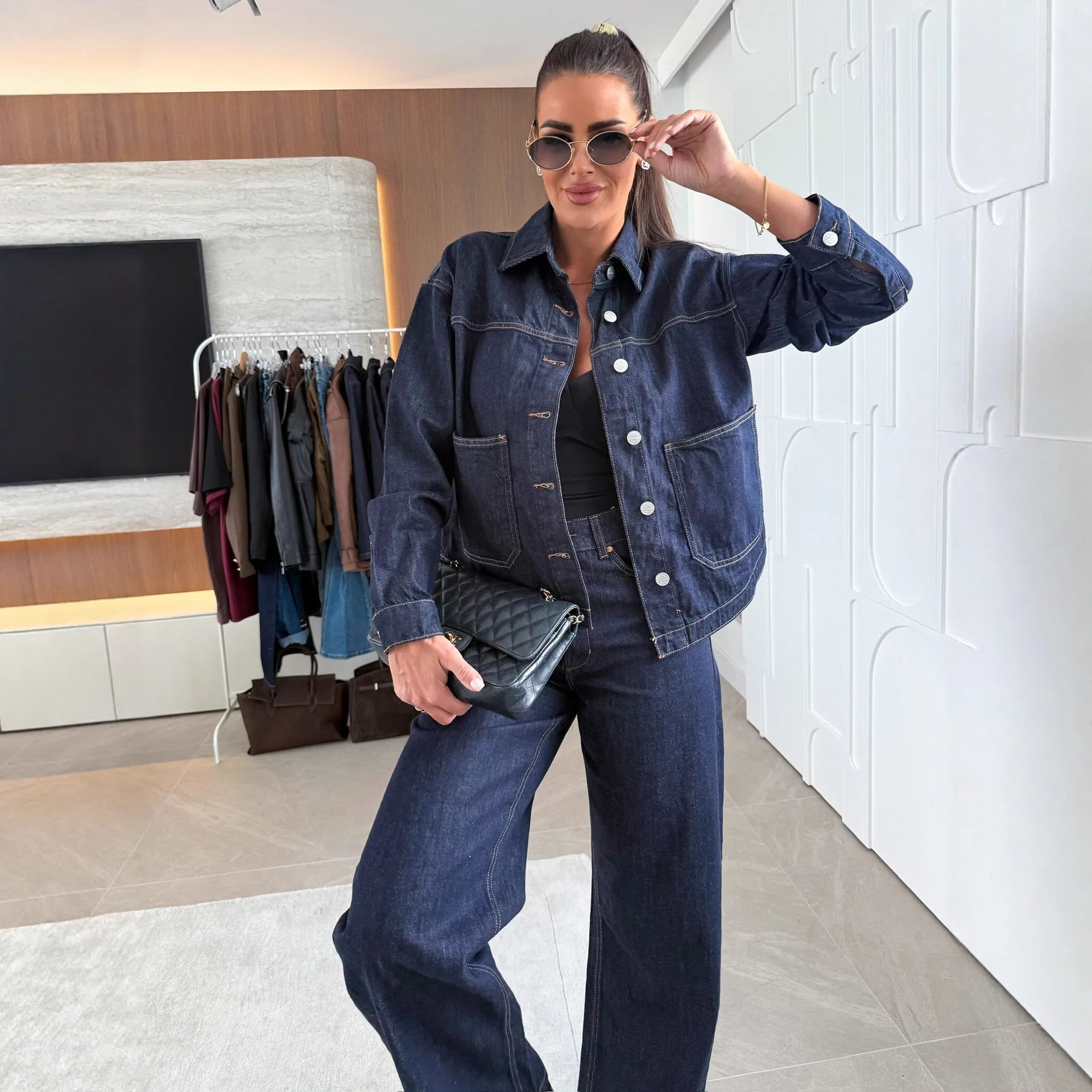 

Oversized Washed Blue Jean Jacket for Women Street Fashion Notched Collar Long Sleeve Coat 2025 New Euro-American Style