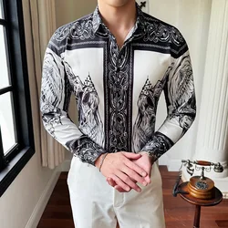 Plus Size 6XL-M Men Skull Printed Shirts Long Sleeved Slim Fit Button Up Male Shirt Punk Party Social Blouse Men Tops Streetwear