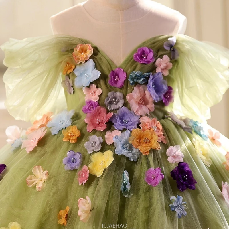 Long Dress 2025Children Green Floral Girls ClothesHost Piano Performance Kids Outfit Birthday Princess Dresses Costume Pageant