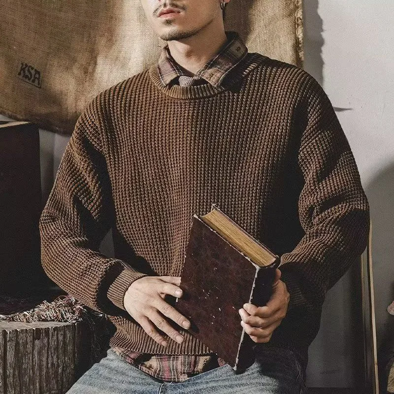 Camisola americana Vintage casual masculina, parte superior de malha manga longa, fio grosso, roupa básica versátil minimalista, gola redonda,