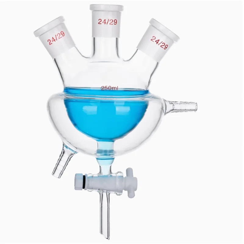 Three-hole jacketed reaction bottle double-layer reactor with water outlet 250ml500ml laboratory glass instrument